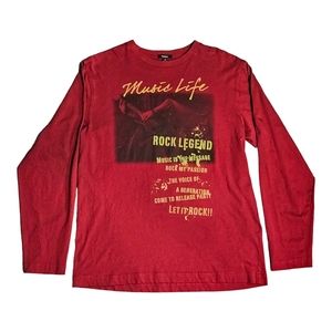 Bossini Music Life 2 Sided Graphics Medium Red Long Sleeve‎ Shirt M Let it Rock